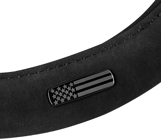 Cat® US Flag Leather Steering Wheel Cover w Metal Flag Emblem, Black Leatherette, Standard 14.5–15.5 Inch, Non Slip Comfort, Car Steering Wheel Cover for Truck SUV Auto, American Flag Car Accessories