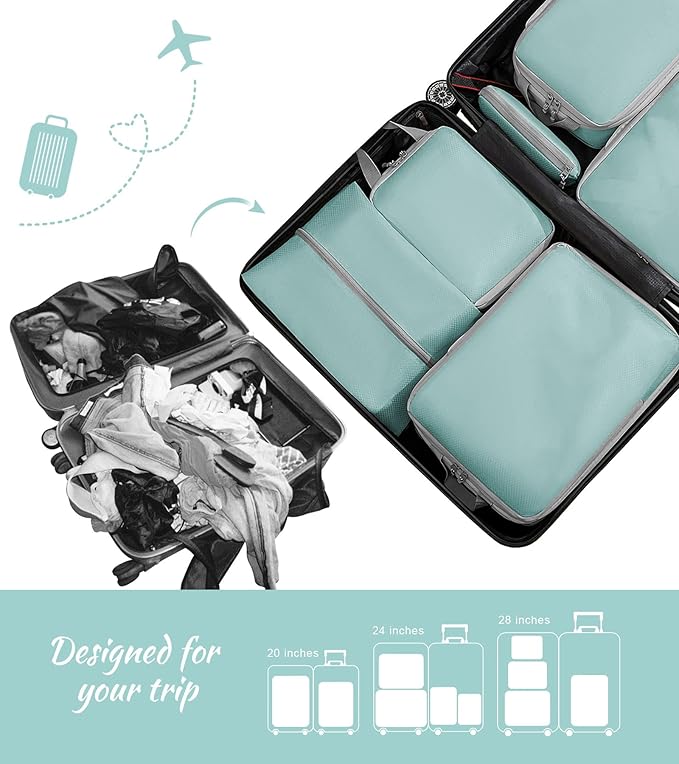 WOOMADA Compression Packing Cubes for Suitcases Travel Essentials 8 Set Expandable Travel Bags Organizer for Luggage(turquois