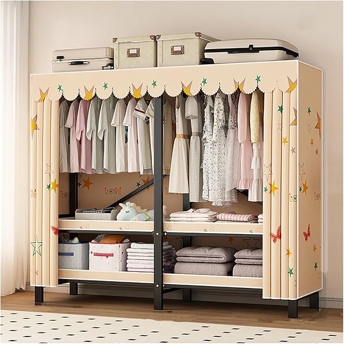Portable Wardrobe Closet with Cover, Metal Clothing Organizer for Bedroom, Foldable Clothe Rack, Garment Rack for Hanging Clo