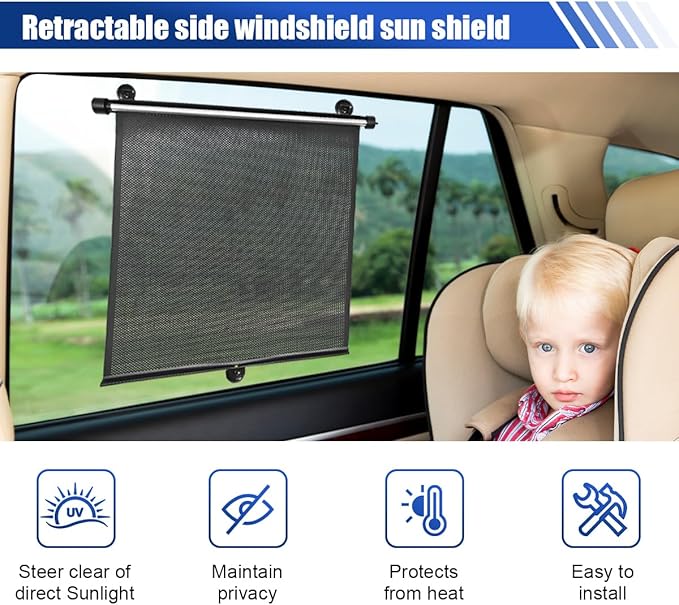 2PCS Car Side Window Sun Shade for Baby/Kids- 18"×14" Retractable Roller Car Window Shade with Suction Cups - Blocks Heat and UV Rays Glare Protection- Baby Travel Accessories for Cars (Black)