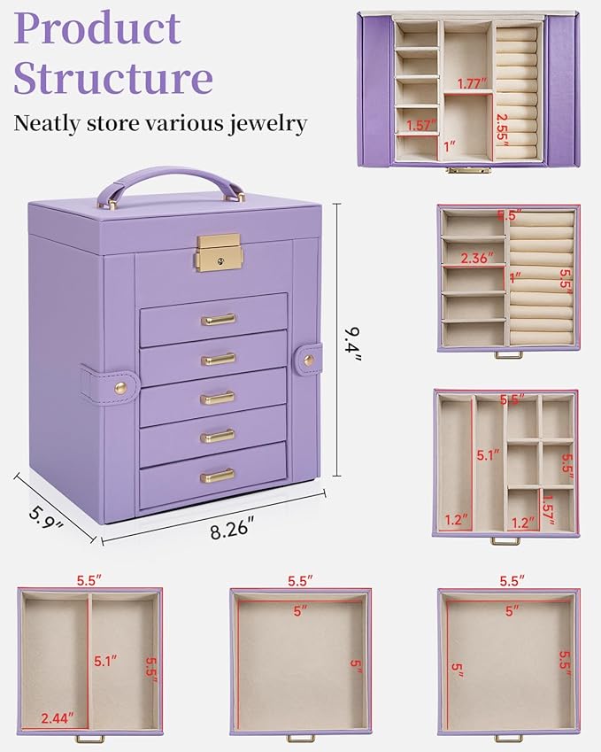 TORIBIO Large Jewelry Box for Women, Leather Jewelry Organizer with Mirror & Lock, 6-Tier Jewelry Storage Case for Girls/Wome