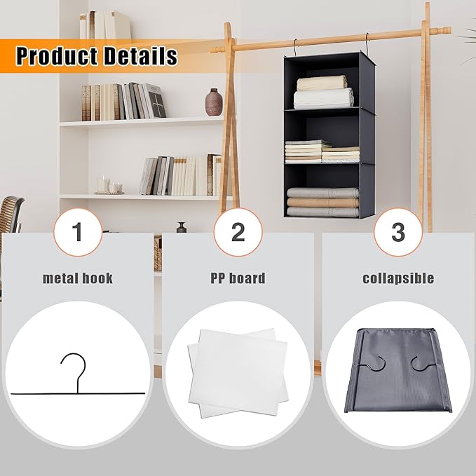 Hanging Closet Organizer and Storage 3-Shelf, Easy Mount Foldable Hanging Closet Wardrobe Storage Shelves, Clothes Handbag Sh