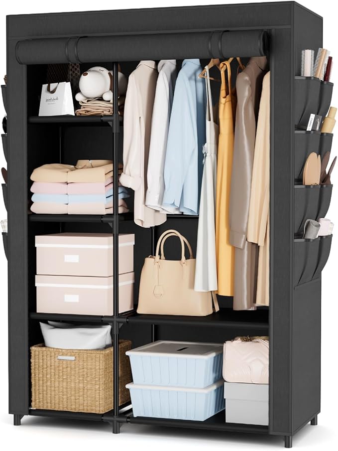 Portable Closets for Hanging Clothes, Wardrobe Closet with Hanging Rod and Clothing Storage Shelves, 8 Side Pockets, Free Sta