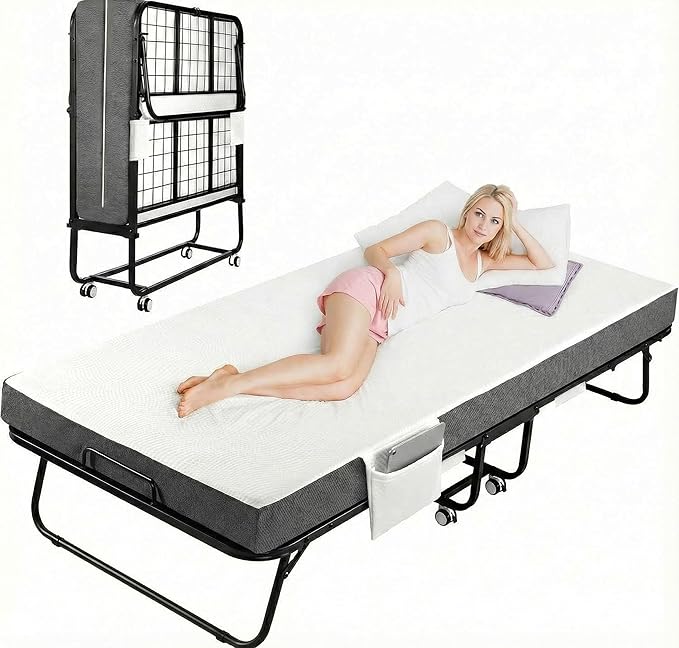 MAMIZO Foldable Bed,Portable Bed,Folding Bed with Mattress,75" x 31" Twin Size Rollaway Bed with Mattress for Adults,Metal Fr