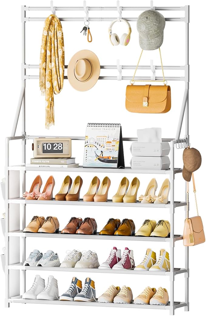 OYREL Shoe Rack 5 Tier Shoe Racks Organizer 20-25 Pairs Shoes Rack for Closet Entrance Shoe Storage Shelf with Hooks and Side
