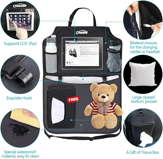 Oasser Seat Back Protector Kick Mats 12.9" I pad Holder 2 Pack XL with 1 Tissue Box Car Seat Organizer Back of Seat Protector Clear 2 Large Car Organizers and Storage
