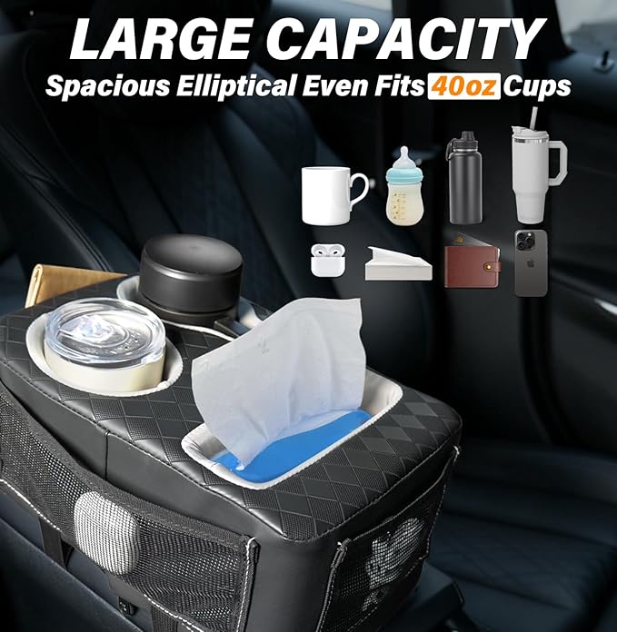 Center Console Cup Holder, Universal Car Armrest Storage Box with Bottle Holder & Tissue Slot & Side Pockets, Car Back Seat T