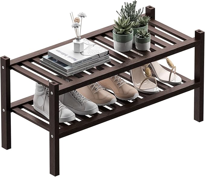 ROMGUAR CRAFT 2 Tier (Thick) Bamboo Shoe Rack for Closet Free Standing Wood Shoe Shelf for Entryway Small Space Stackable 27"