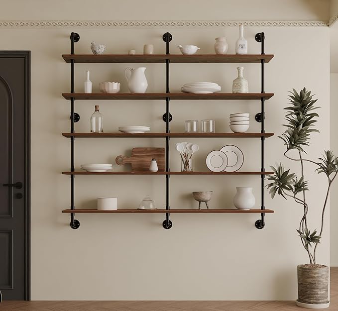 Industrial Pipe Shelf Shelving Bookcase, Wall Mounted Rustic Bookshelf 60 Inch, Floating Bookshelves for Wall,Retro Wood Meta