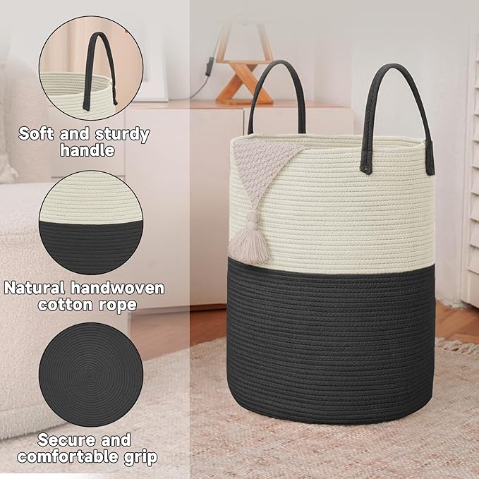 JMvicyroam Large Woven Laundry Basket Hamper,80L Cotton Rope Storage Bin for Blankets,Toys and Clothes,Decorative Tall Nurser