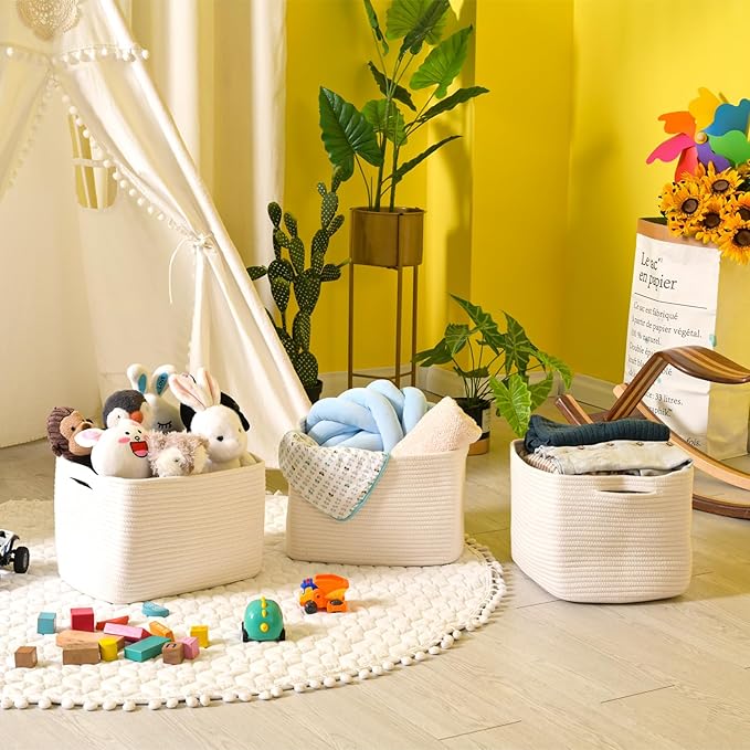 ICERZCZ Storage Baskets for Organizing Shelves, Woven Cotton Rope Bins for Baby Nursery Organization, Book Toy Towel Organize