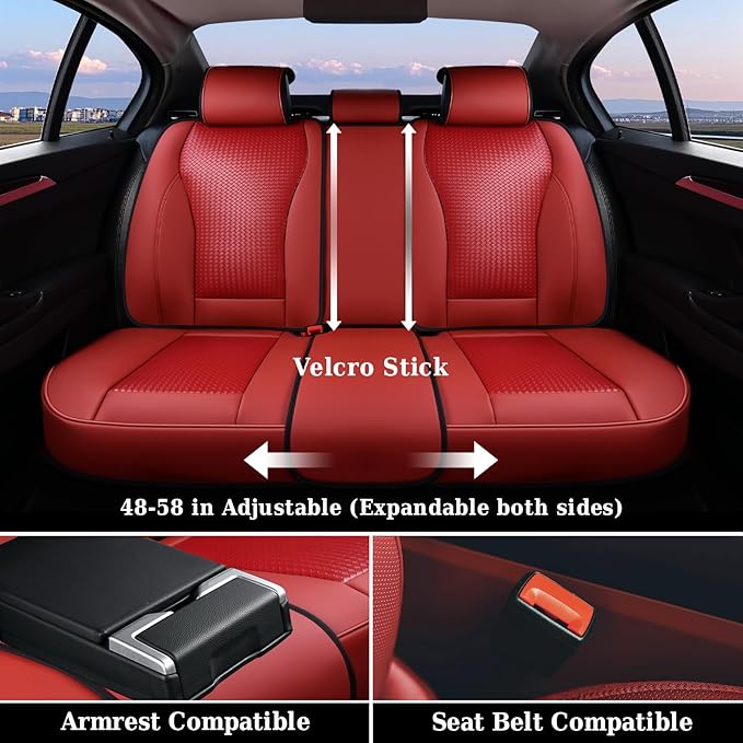Coverado Car Seat Covers Full Set, Red Seat Covers for Cars, Waterproof Nappa Leather Automotive Seat Covers with Lumbar Head