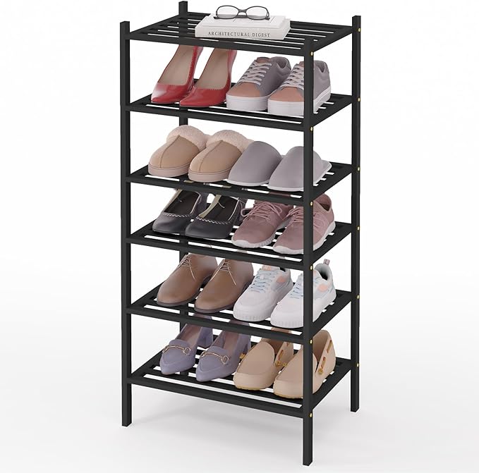 Smiry Small Bamboo Shoe Rack 6-Tier, Stackable Wooden Shoe Organizer for Entryway & Closet, Free Standing Wood Shoe Storage S