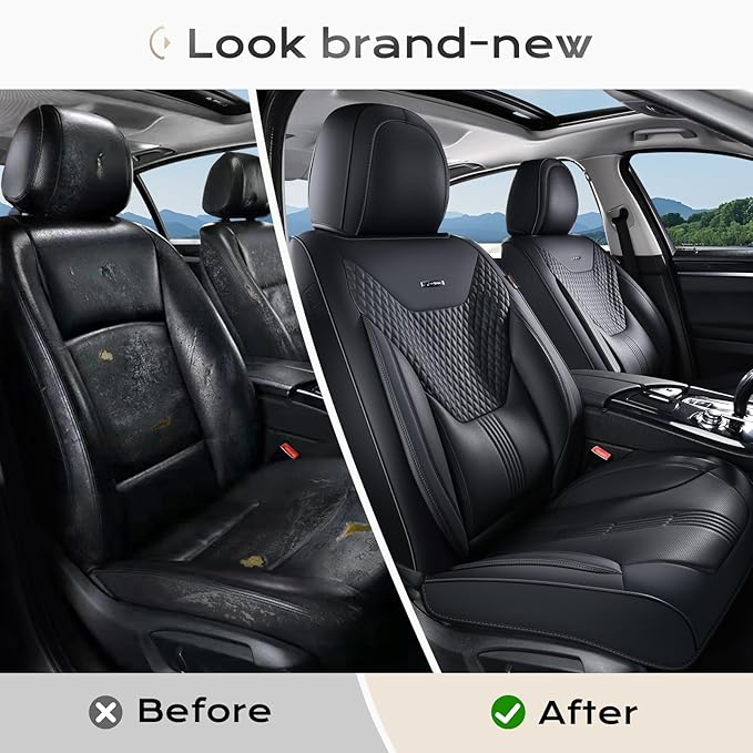 Coverado Car Seat Covers with Lumbar Support, Front Covers for Cars, Universal Automotive Seat Cover, Waterproof, Leather Car
