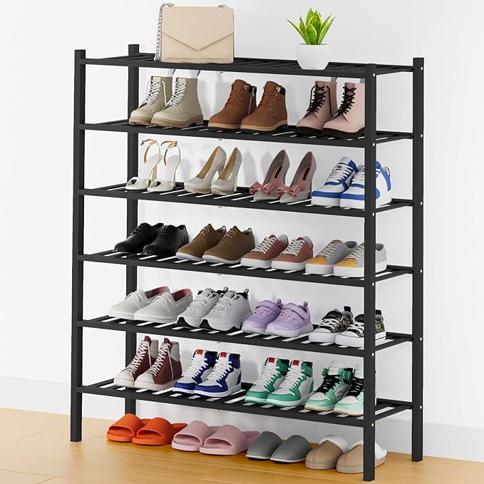 Smiry Shoe Rack, 6 Tier Thick Long Bamboo Shoe Organizer, Stackable Free Standing Wooden Shoe Storage Shelf for Closet, Entry