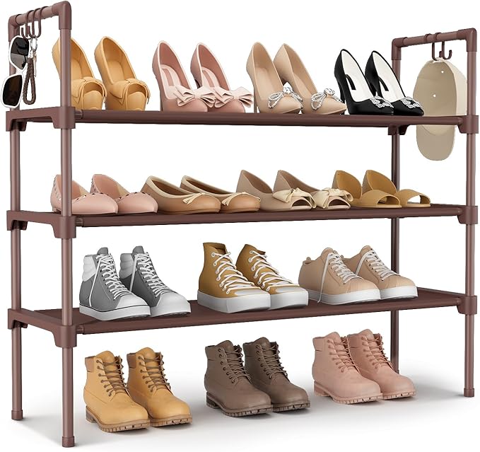 LANTEFUL 3 Tier Shoe Rack for Closet Shoe Organizer with 5 Hooks, Long Shoe Shelf Storage for Shoe and Boot Stackable Free St
