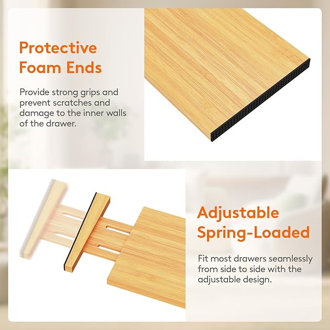 Lifewit 5" High 8 Pack Bamboo Drawer Dividers 33-42cm/13-16.5" Adjustable Wooden Drawer Organizer for Clothes/Utensils, Expan