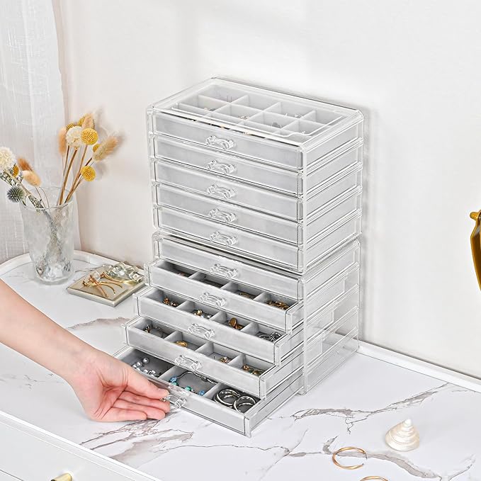 ProCase Earring Holder Organizer Jewelry Box with 10 Drawers, Acrylic Clear Earring Case with Adjustable Velvet Trays for Wom