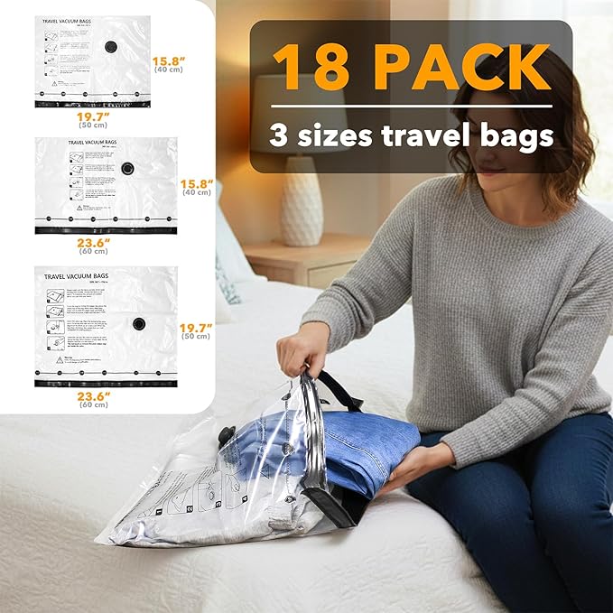 SpaceAid Travel Vacuum Bags for Luggage with Electric Pump, 18 Pack Vacuum Seal Bags for Clothing Travel, Space Saver Compres
