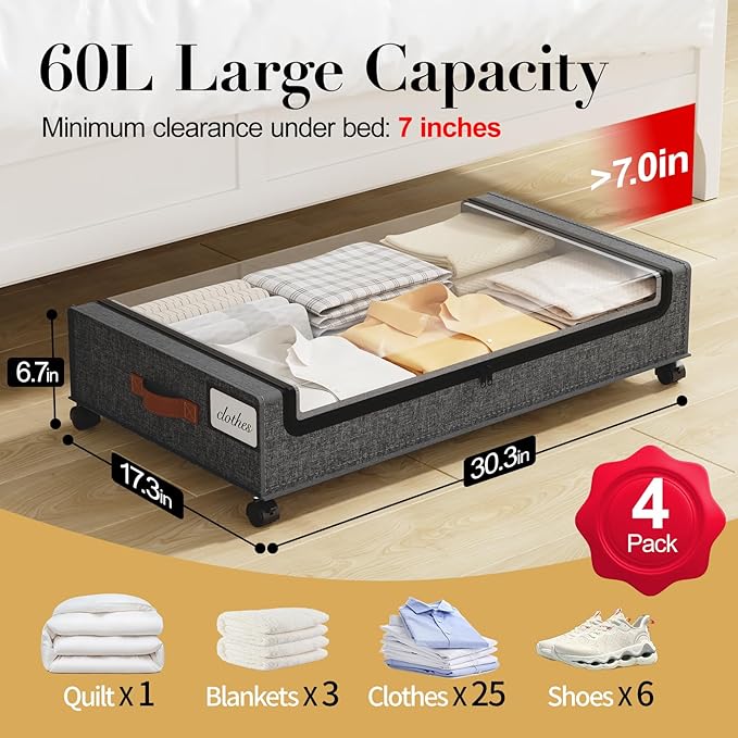 Yecaye Under Bed Storage with Wheels, 4 Pack Under the Bed Storage Containers with Lids & Label, XXL 60L Rolling Underbed Sto