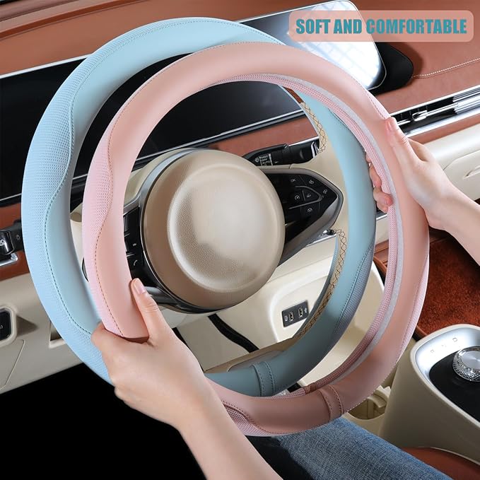 14 inch Steering Wheel Cover for Prius Civic, Nappa Microfiber Leather Non-Slip Breathable Fabric, Warm in Winter and Cool in