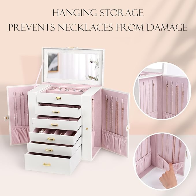 Kendal Extra Large Jewelry Box Jewelry Case PU Leather 6 Tier 5 Drawers Large Storage Capacity with Mirror Jewelry Storage Or