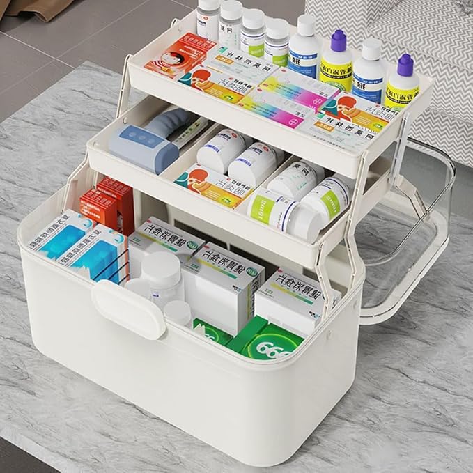 3-Tier 12 x 9 x 7 Medicine Organizer, Medicine Cabinet Organizer with Portable Pill Case, Multipurpose Plastic Box for Storag