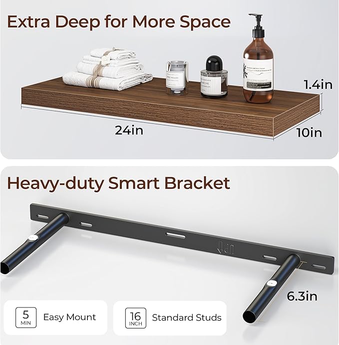 Fun Memories Floating Shelves for Wall 24 Inch Set of 3, Farmhouse Floating Shelves with Invisible Heavy Duty Bracket, 10 Inc