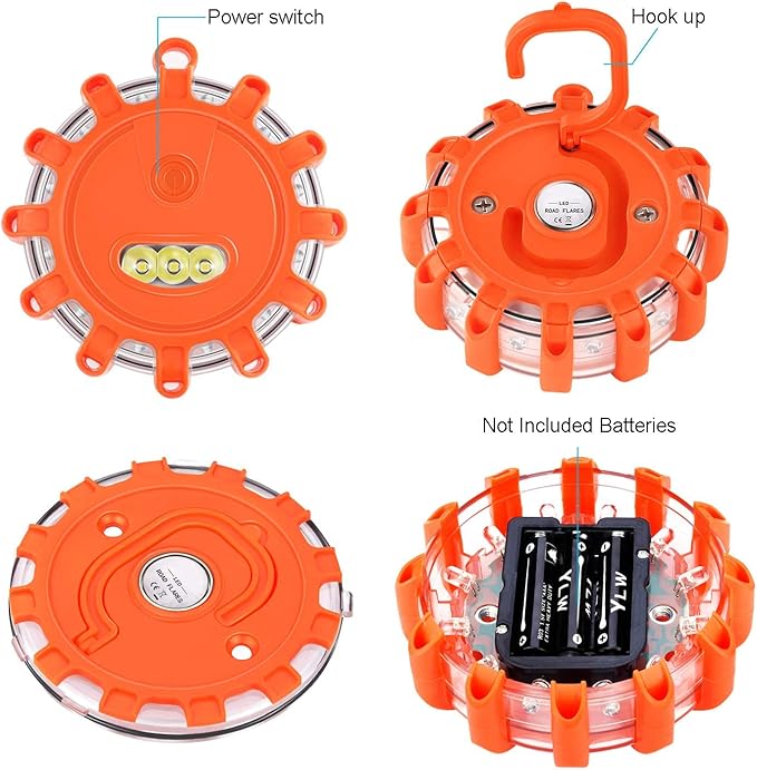 AK [12 Pack LED Road Flares Safety Flashing Warning Light Roadside Emergency Disc Beacon Kit for Vehicles Boats with Magnetic