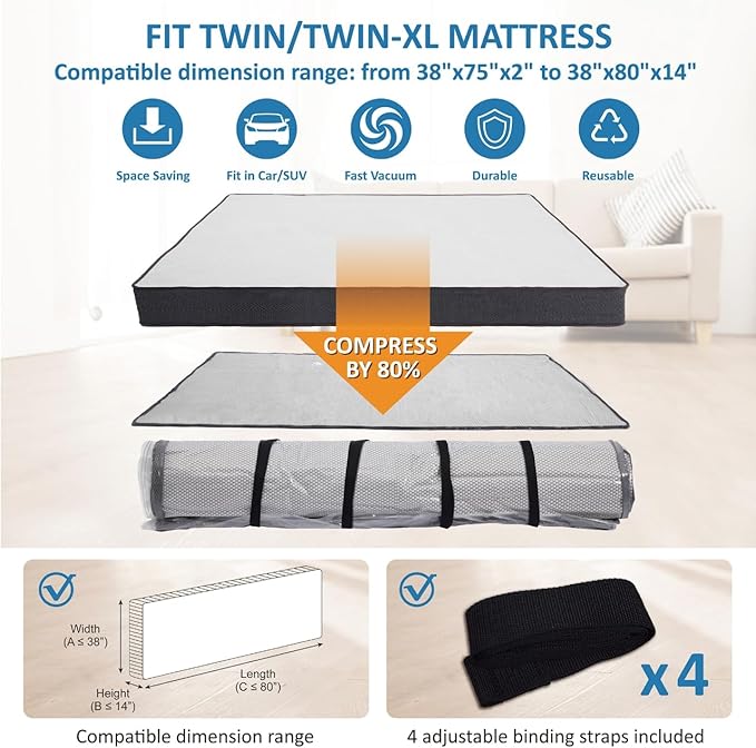 Storage Logic Foam Mattress Vacuum Bag for Moving, Storage, Vacuum Seal Mattress Bag with Straps (Twin/Twin XL)