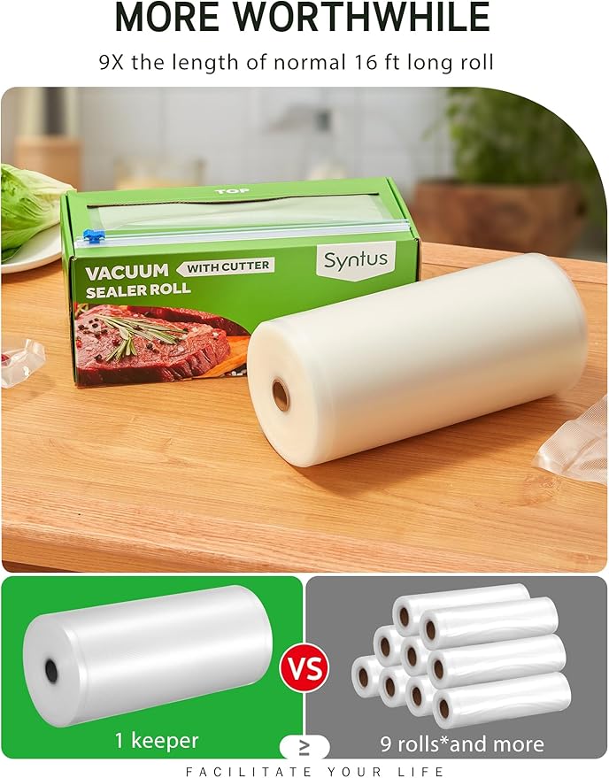 Syntus 8" x 150' Food Vacuum Seal Roll Keeper with Cutter Dispenser, Commercial Grade Vacuum Sealer Bag Rolls, BPA Free Food 