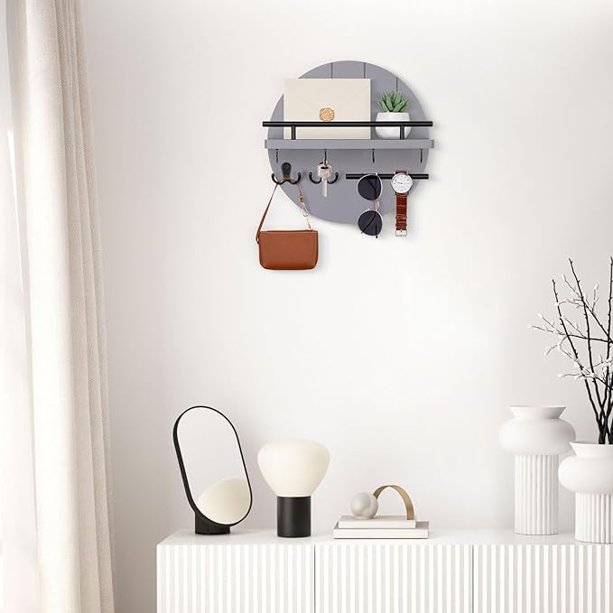 Nekon Key Holder Wall Mount, 11.8 Inch Key Rack with Shelf and 6 Key Hooks, Rustic Key and Mail Organizer, Circular Wooden Ke