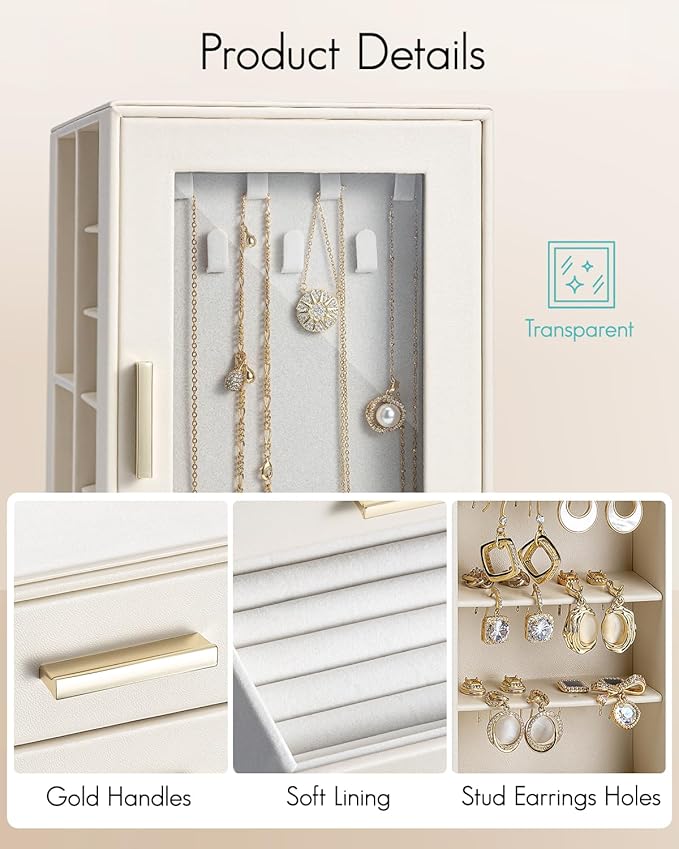 VLANDO 360ｰ Rotating Jewelry Box with 5 Drawers, Mothers Day Mom Gifts, Large Jewelry Storage with 2 Glass Window, PU Leather