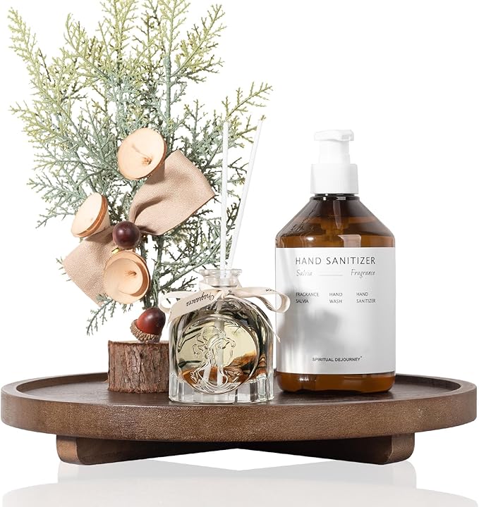 Round Decorative Tray Wood Bathroom Counter Organizer Farmhouse Kitchen Decor Wooden Riser for Soap Dish, Perfume, Candle, Sp