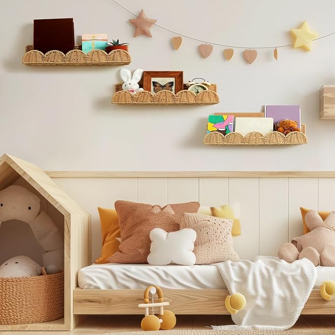 Pinkunn 4 Pcs Nursery Book Shelves 15.8 Inch Rattan Scalloped Floating Bookshelves Wicker Boho Book Shelf for Wall Mounted De