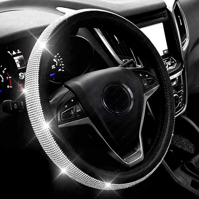 New Diamond Leather Steering Wheel Cover with Bling Bling Crystal Rhinestones, Universal Fit 15 Inch Car Wheel Protector for 