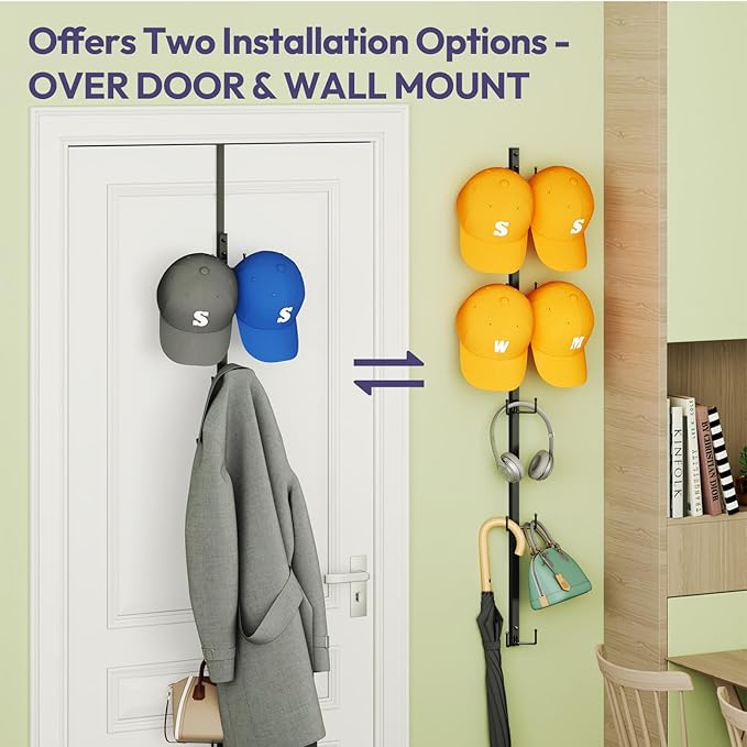 SWTYMIKI Over Door Hat Organizer - 2 Packs Metal Wall Mounted Hat Rack with 5-Tier Dual Hooks Design, Hanging Baseball Cap Or