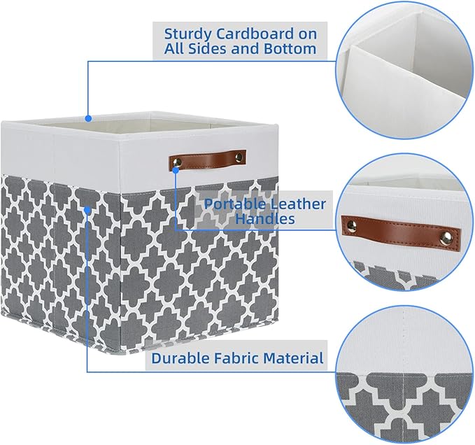 Temary Cube Storage Bins 13x13 - 4 Pack Cube Storage Bins for Shelf with Handles (Grey Lattice)