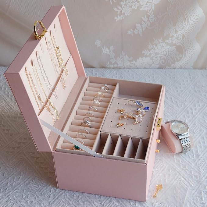 3 Layer Jewelry Box for girls, Lockable Jewelry Organizer for Necklace Earring Ring Bracelet Watch, PU Leather Storage, Pink