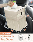 Capolo Car Trash Can with Lid, Leakproof Car Trash Bag Hanging Waterproof Automotive Garbage Can with Storage Pockets Mini Vehicle Trash Bin for Back/Front Seat(Beige,2.5 Gallon)