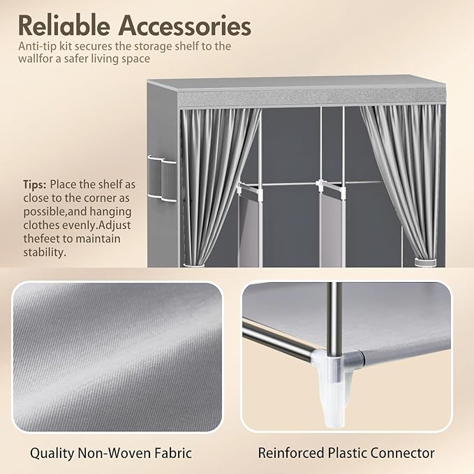 ALSO GO Portable Closet, Storage Organizer Wardrobe with Non-Woven Fabric Cover, with 3 Hanging Rods, 6 Storage Shelves and S