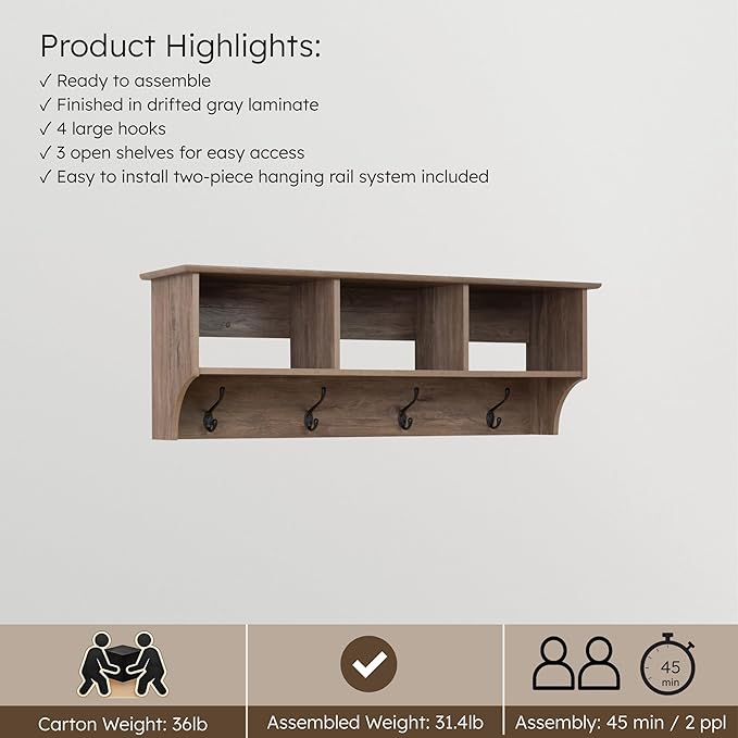 Prepac Drifted Gray 48" Contemporary Wall Mounted Coat Rack, Coat Hooks Wall Mount with 3 Shelves, Ideal for Hallway or Entry