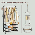 Furologee Clothes Racks for Hanging Clothes, Double Rods Clothing Rack with 3-Tier Storage Shelves, Rolling Garment Wardrobe 