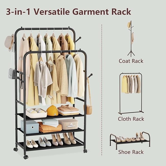 Furologee Clothes Racks for Hanging Clothes, Double Rods Clothing Rack with 3-Tier Storage Shelves, Rolling Garment Wardrobe 