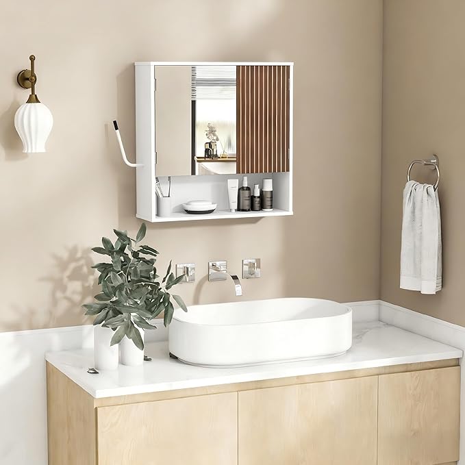 Bathroom Wall Cabinet With Mirror,wall mounted bathroom cabinet,Medicine Cabinet with 2 Door ,Side Hook,Light and Adjustable 