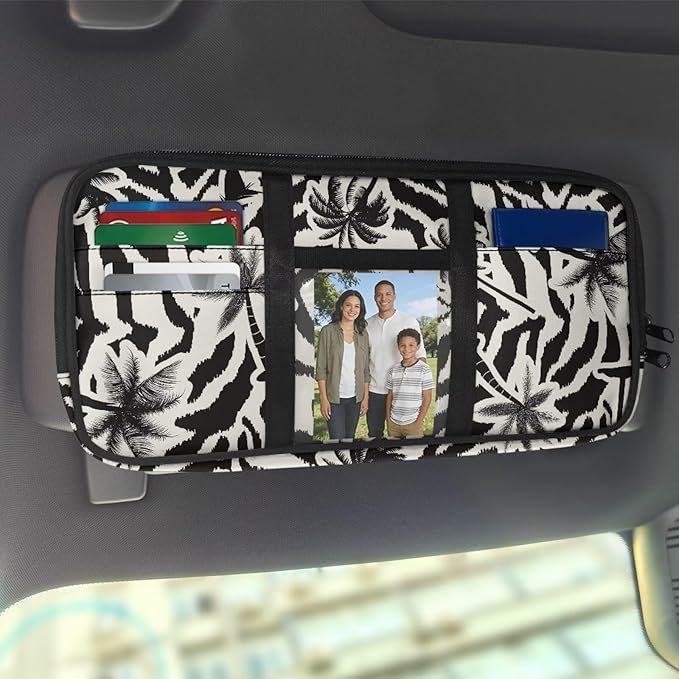 Coconut Tree Zippered Car Sun Visor Organizer with Adjustable Straps and Multi-Pocket Pouch Storage Organizer with Picture Holder Easy Installation Universal Fit for Most Cars SUV