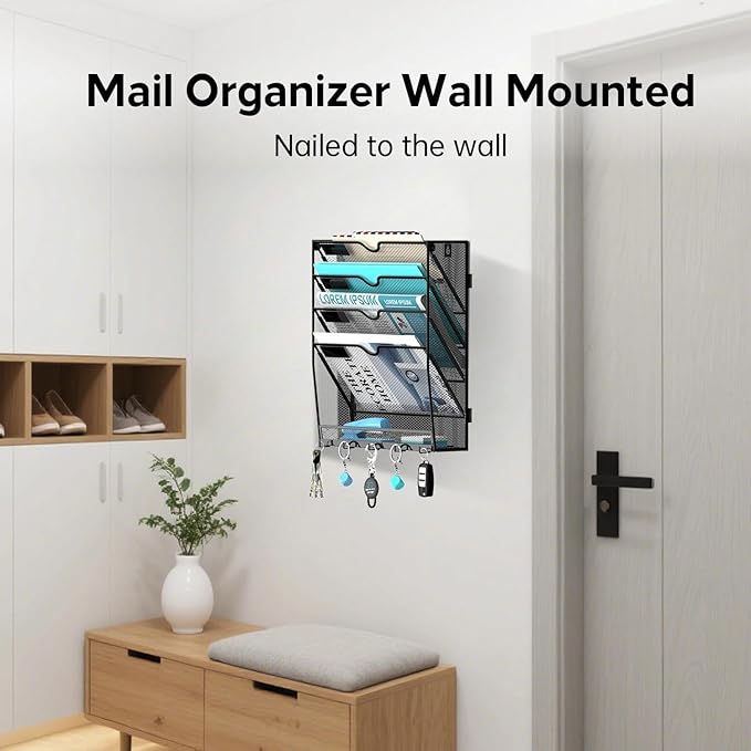 2 Pack 5 Tier Wall File Organizer - Hanging File Organizer with 5 Hooks, Mail Holder Wall Mounted for Papers, Folders, Magazi