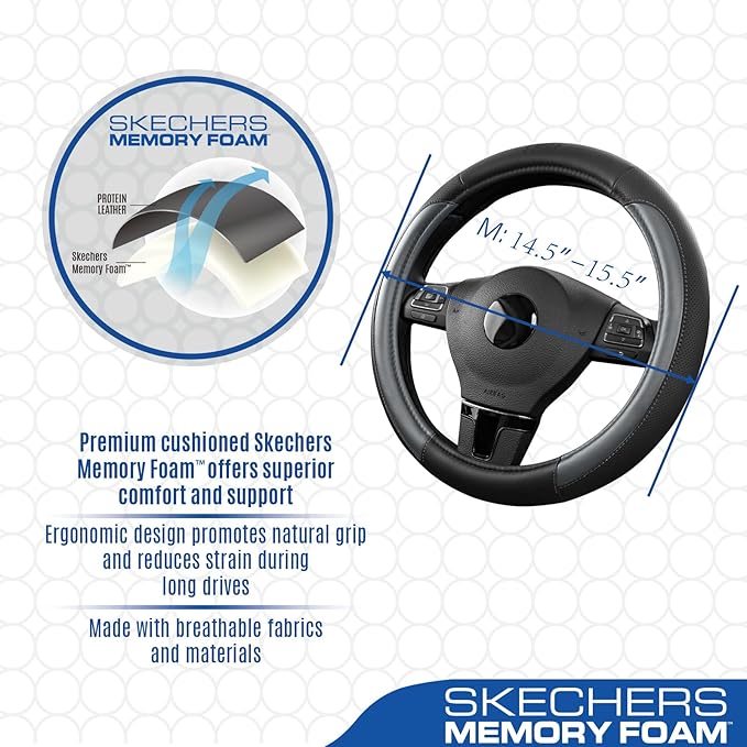 Skechers Steering Wheel Cover Memory Foam,Luxury Leather Steering Wheel Covers,Universal Anti-Slip Fit 14" 1/2-15" Car Wheel 