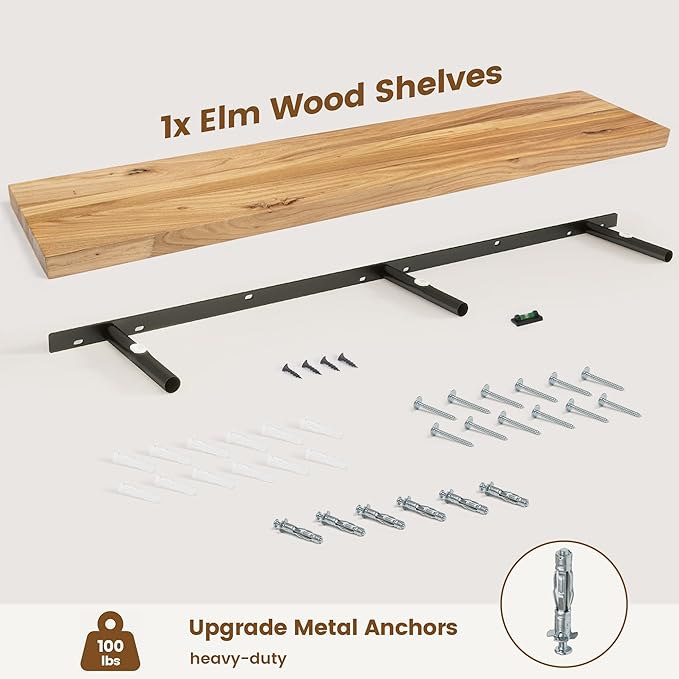 Elm Floating Shelves for Wall Decor, Rustic Solid Wood Shevles Wall Mounted with Invisible Bracket for Living Room Bathroom B