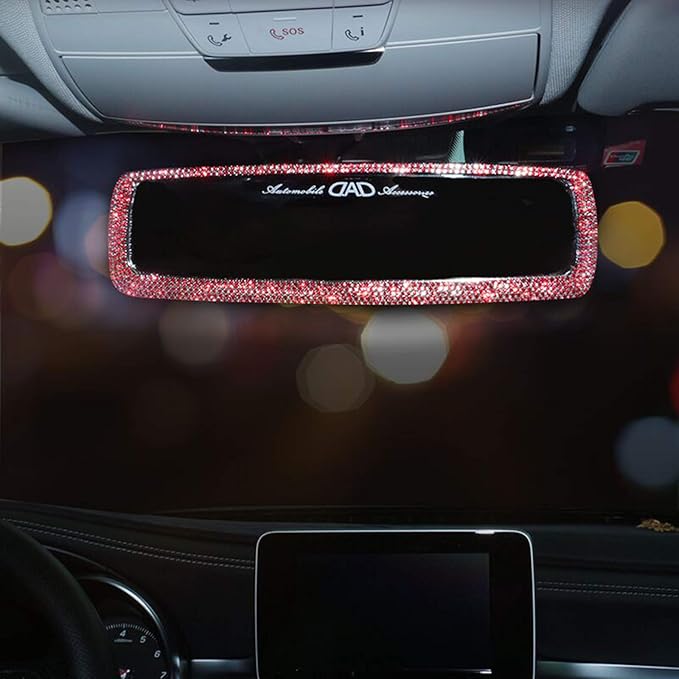 Bling Rhinestone Car Rear View Mirror with Crystal Diamonds Bling Car Accessories for Women - Red